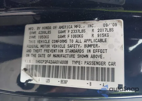 2010 Honda Accord 2.4 Lx-P из США, поврежденный, VIN 1HGCP2F42AA014008